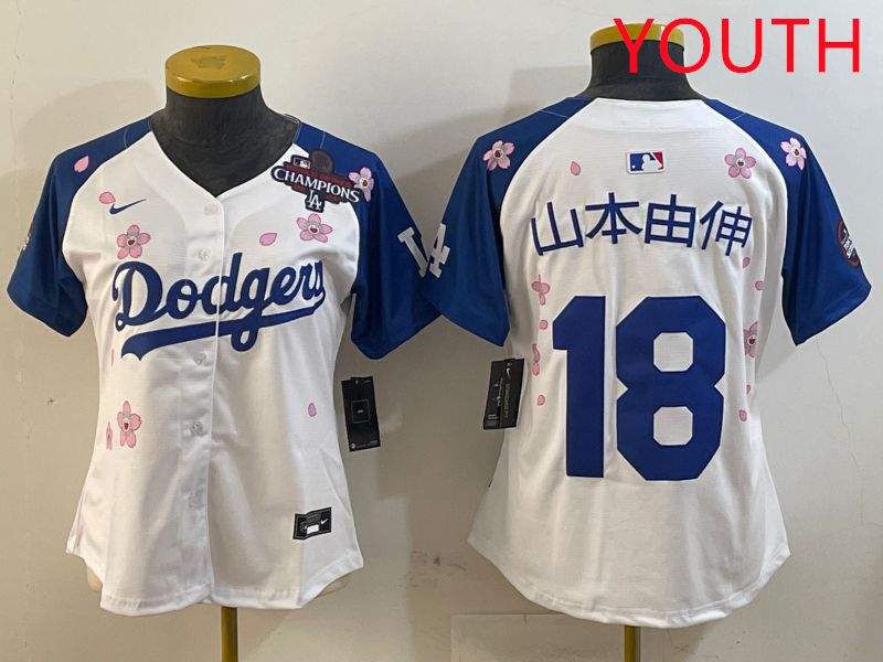 Youth Los Angeles Dodgers #18 Yamamoto White Blue Sakura Edition 2025 Nike MLB Jersey style 11